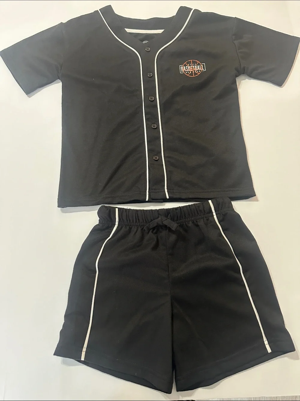 Boys Black Basketball Jersey & Shorts Pajamas Set with White Piping